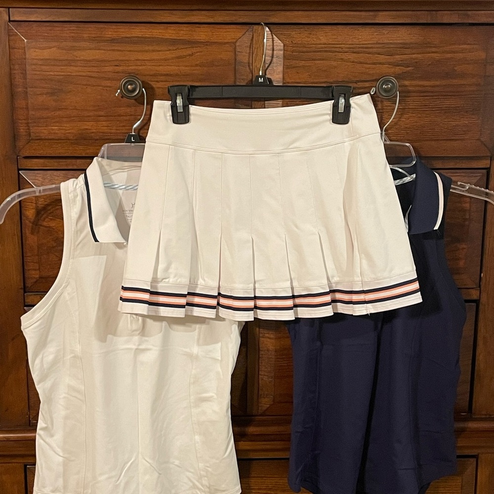 Southern Tide White Sleeveless Polos with tennis skort trio